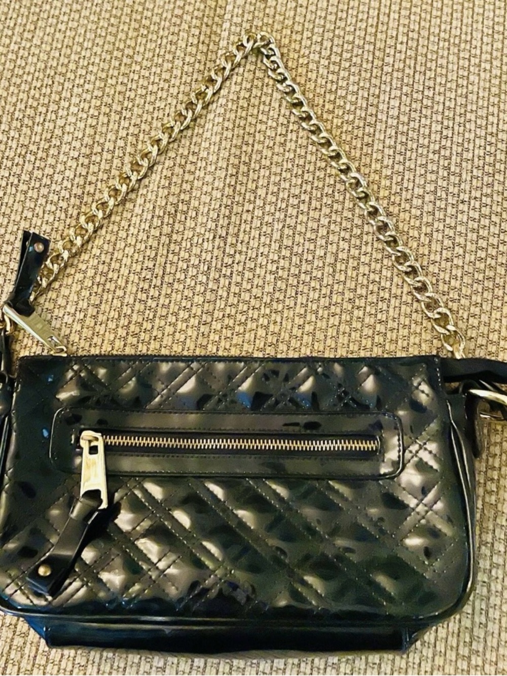 SR Square by Sandra Robert's Quilted Black Patent Shoulder Bag with Gold Chain